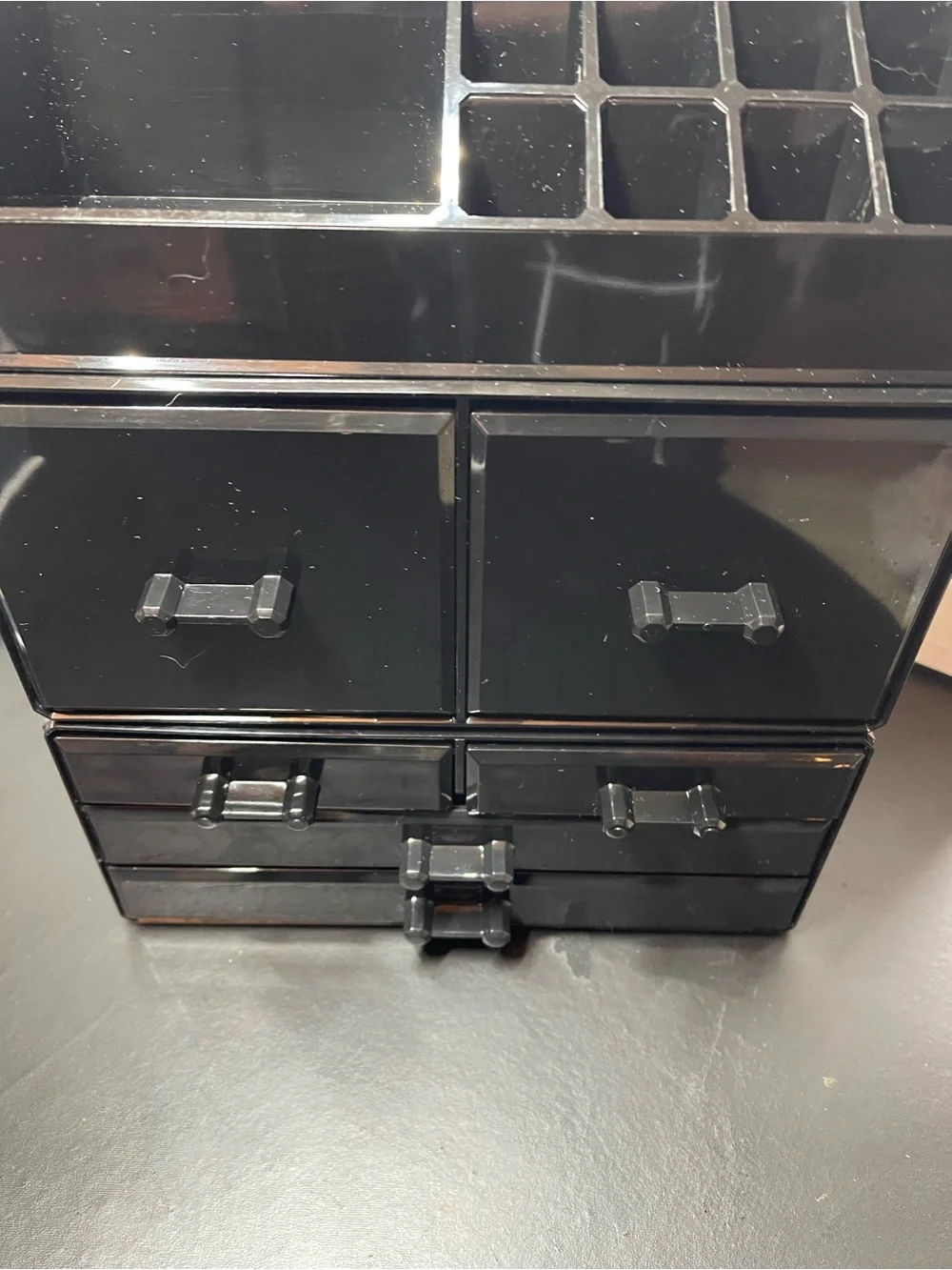 Black Modular Makeup Organizer with Multiple Drawers and Top Compartments